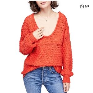 Free People V-Neck Sweater in Peach  Orange Oversized XS Fits Up To M